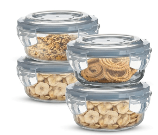 Bergner Borosilicate Glass Side Lock Round Storage Container for Kitchen with Air-Tight and Leakproof Lid, BPA Free, Microwave and Oven Safe, Removable Silicone Ice Blue Gasket, 400 ml each (Set of 4)